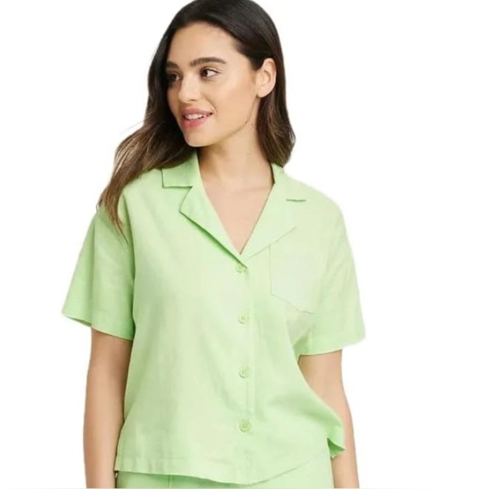 A New Day Women's Linen Short Sleeve Button Down Camp Shirt Green